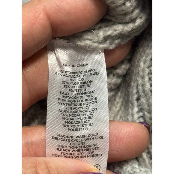 LOFT Beanie Hat Knit Faux Fur Pom Beige - New with Tags - Picture 4 of 7